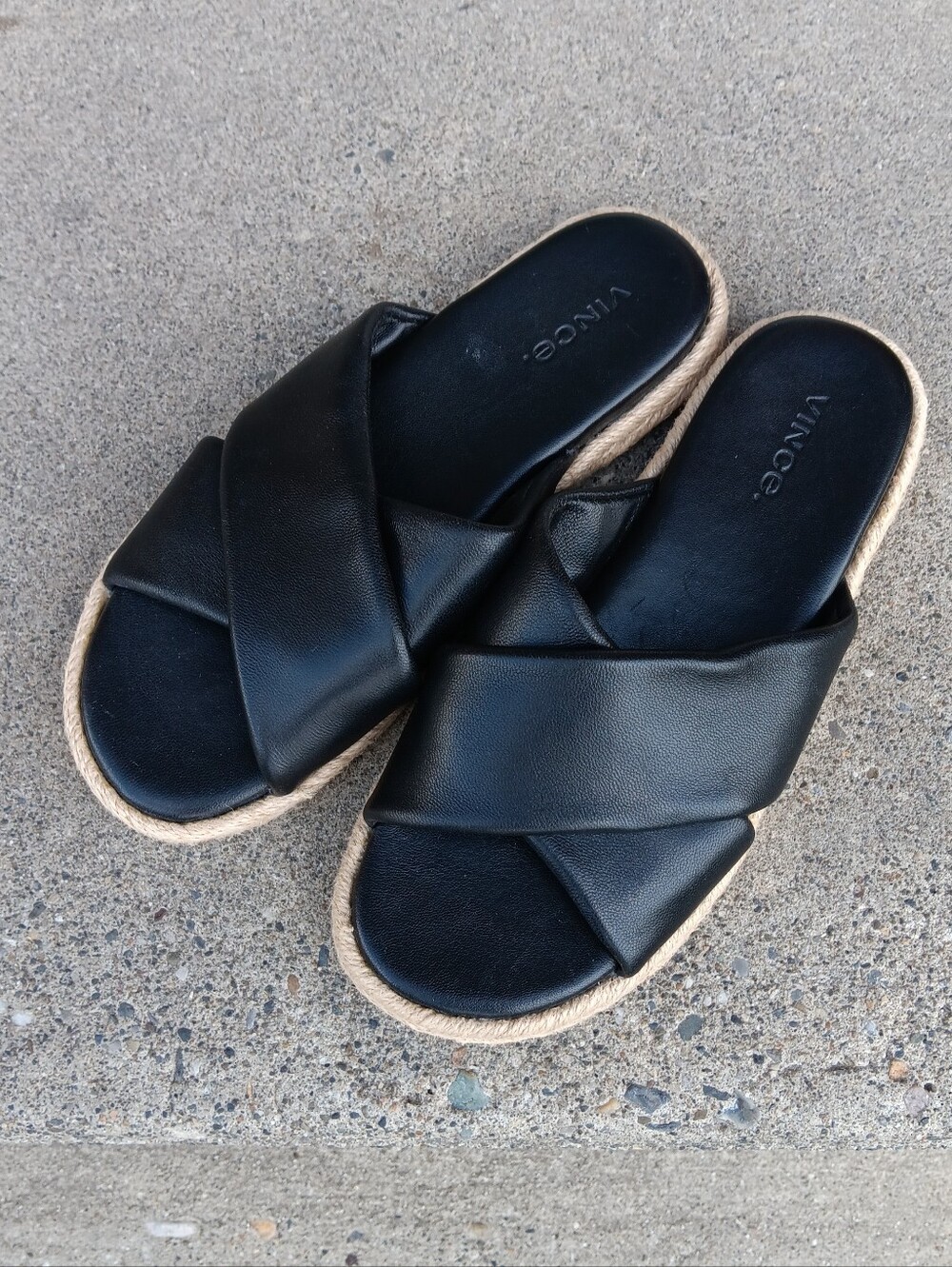 Vince Black Crisscross Slide Sandals with Rope And Rubber Soles, Size 5
